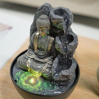 Декоративний кімнатний фонтан Будда з LED-підсвіткою, водоспад, Zen Feng Shui, Revata Zen'Light, 18 см – подарунок для дому, талісман на удачу