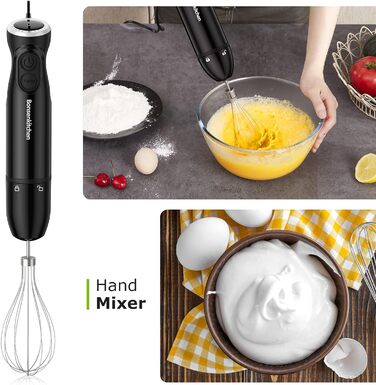 Блендер Bonsenkitchen 3-в-1, 1000 Вт, електричний ручний міксер з насадкою-вінчиком і мірним стаканом, регулювання швидкості, для смузі, пюре, соусів, HB3202, чорний