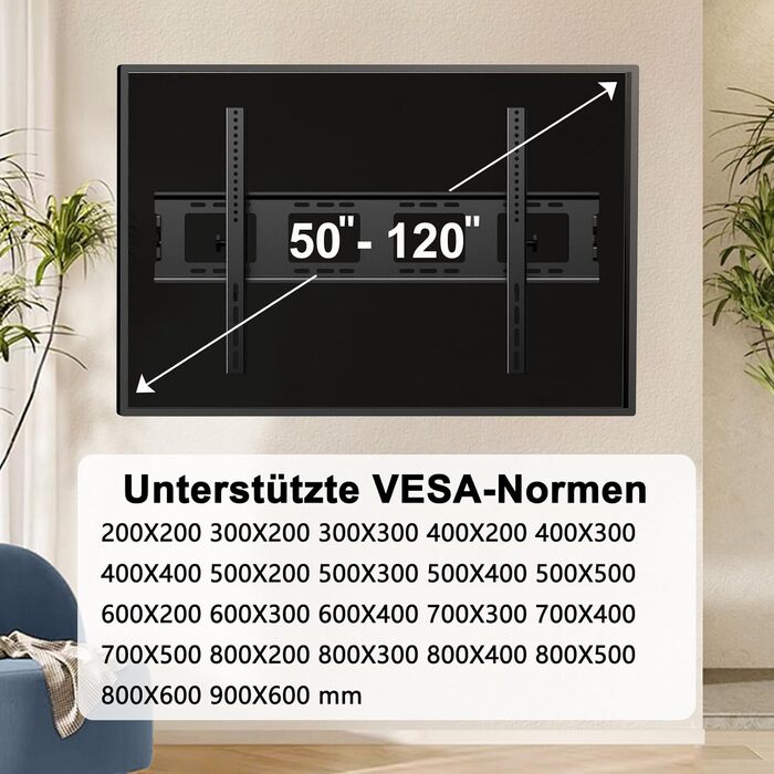 Фіксований настінний кронштейн для телевізора 50-120 дюймів, VESA до 900x600мм, витримує до 125кг, для вигнутих та плоских екранів