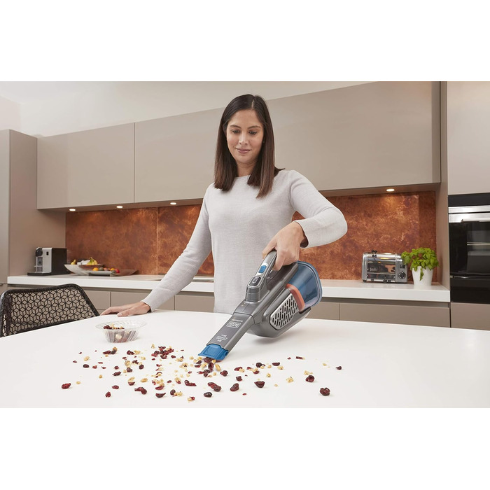 Акумуляторний ручний пилосос BLACK+DECKER Dustbuster Smart Tech 18 В, 36 Вт·год, циклонний, 2 режими, витяжна щілинна насадка, зарядна станція, настінне кріплення, титан/срібло/синій