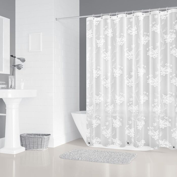 Прозора шторка для ванної Whoiy 180x200 см, EVA, водонепроникна, антибактеріальна, з білими квітами