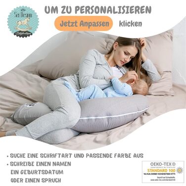 Подушка для вагітних Sei Design XXL з екологічної тканини Öko-Tex | Ергономічна подушка для сну та годування | Тиха екологічна наповнювач. Чохол 100% бавовна (персоналізований бежевий у смужку, подушка для годування 190x30)