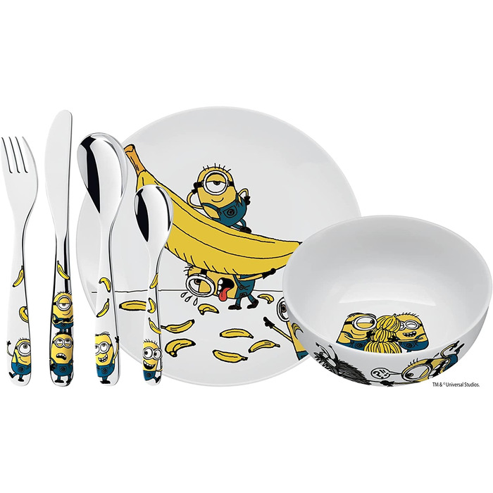 Набір дитячого посуду Minions WMF Cromargan, 6 предметів, з нержавіючої сталі, від 3 років, без гравію, придатний для миття в посудомийній машині