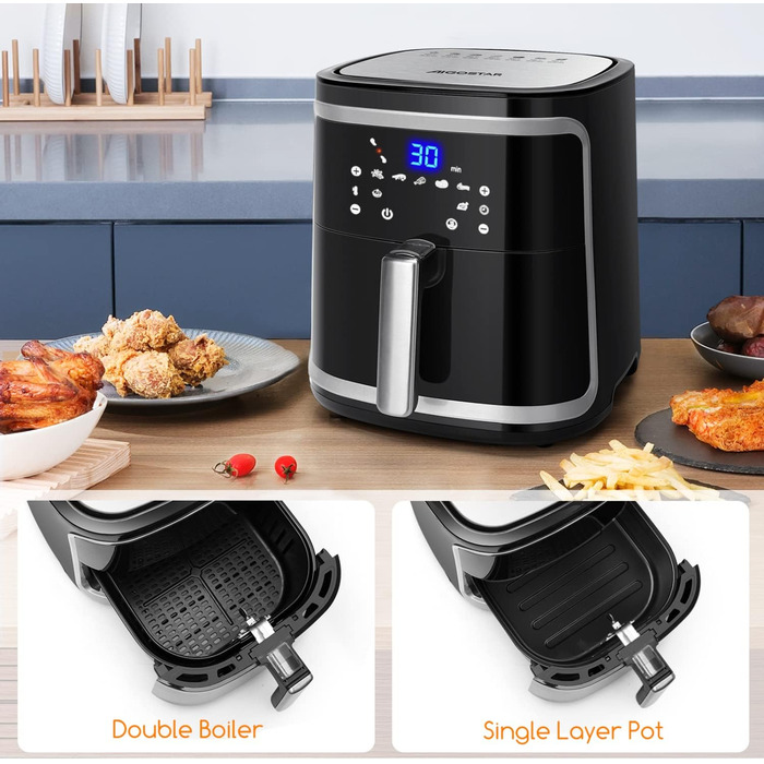 Aigostar Cube аерофритюрниця 7 л XXL, 1900 Вт, 7 програм, LED-екран, без олії, для 6-10 осіб, чорна
