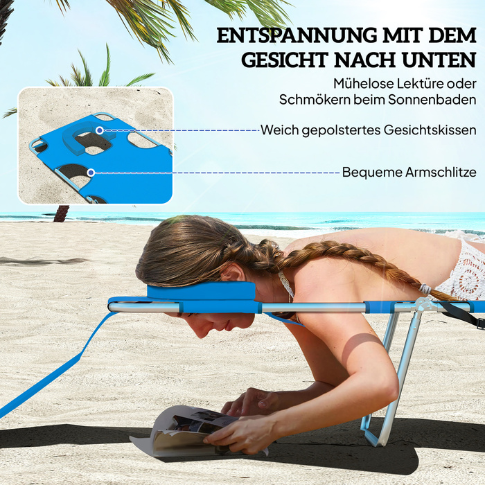 Outsunny Sun Lounger Складний садовий шезлонг з вікном для читання, подушка, шезлонг з регульованою спинкою в 5 напрямках, стійкий до погодних умов шезлонг для кемпінгу з навантаженням до 120 кг, для садового пляжного басейну, синій
