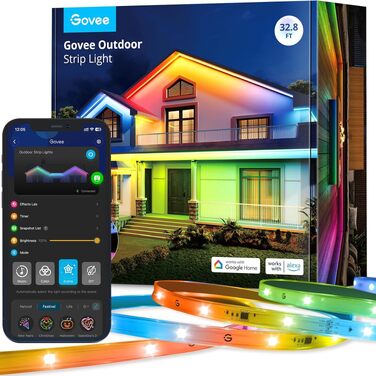 Govee LED стрічка 10м для вулиці, RGBIC, водонепроникна IP65, з керуванням Alexa та Google Assistant, для тераси, вечірок