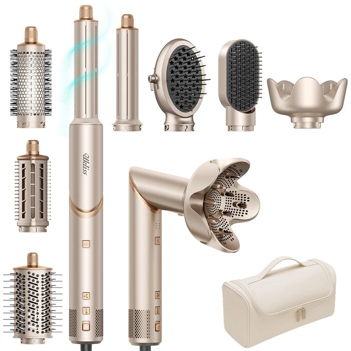 UKLISS Hairstyler Airstyler 8-в-1: Фен-щітка, випрямляч, плойка, насадки для об'єму та іонізація - Швидке сушіння для всіх типів волосся, колір шампань