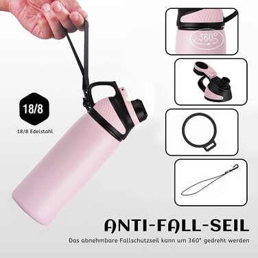 Спортивна термопляшка Fjbottle з нержавіючої сталі з магнітною кришкою, герметична та без BPA, для води та газованих напоїв, 1000 мл, Рожева