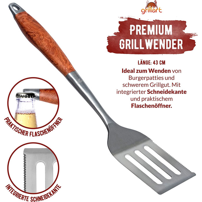 Преміум набір гриль-інструментів grillart, 3 предмети з нержавіючої сталі та дерев'яними ручками – щипці, лопатка, вилка з подовженими ручками, ідеальний аксесуар для гриля