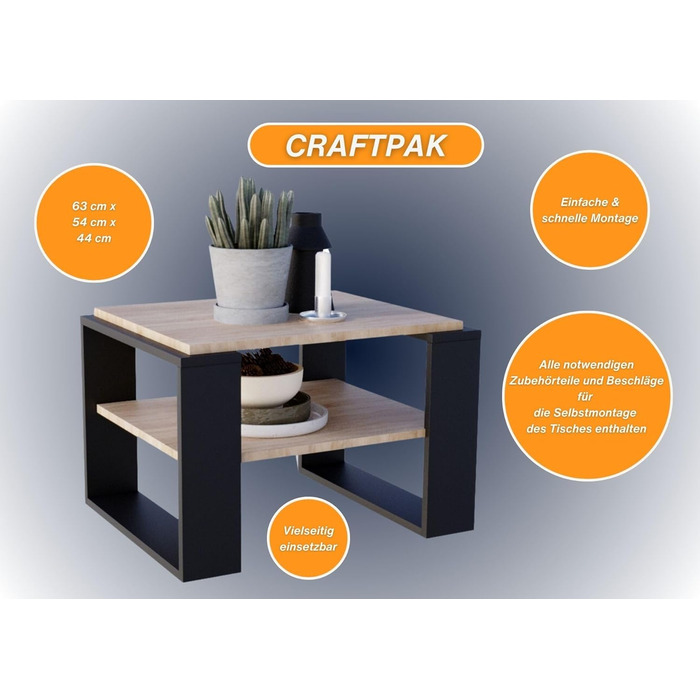 Журнальний стіл CraftPAK Kaja 63 з ДСП, сучасний, з додатковою полицею, для вітальні, колір бардоліно-чорний