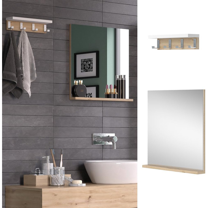 Дзеркало для ванної Vicco Henri, біле/дуб артізан, 50x51.6 см з полицею