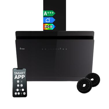 Витяжка для кухні KKT KOLBE HERMES 8005 SM, 80 см, чорне скло та нержавіюча сталь, продуктивність 782 м³/год, клас A+++, WLAN, RGBW-LED підсвічування, сенсорне керування