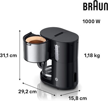 Кавоварка Braun PurShine KF 1500 BK, фільтраційна, скляний глечик 10 чашок, OptiBrew, авто-вимкнення, 1000 Вт, чорна