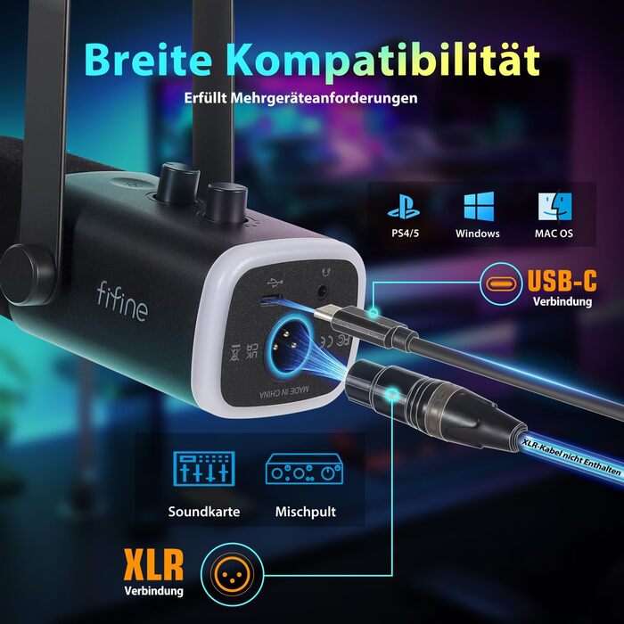 Динамічний мікрофон FIFINE XLR/USB з тримачем для стрімінгу, подкастів, студії, ігор, ПК, PS4/5, Mac, мікшерів, із кнопкою вимкнення звуку