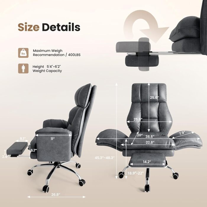 Офісний крісло Chefsessel Ergonomisch: Геймерське крісло з підставкою для ніг, регульованою спинкою 135° та відкидними підлокітниками, оббите м'яким плюшевим флісом – Бежеве
