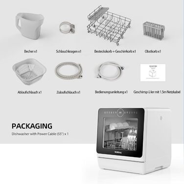 Посудомийна машина Mini Dishwasher портативна настільна з 10 програмами, баком 5л, на 3 комплекти, сенсорним керуванням, LED дисплеєм, захистом від переливу для квартири, кемпінгу (клас енергоефективності D)