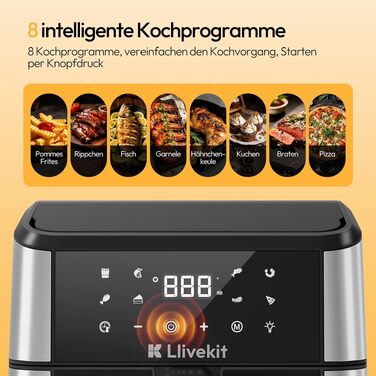 Аерофритюрниця LLIVEKIT з двома камерами та вікном перегляду, 8.5л (4.5л+4.5л), мультипіч 9-в-1 XXL без олії, сенсорне керування, таймер, чорно-срібляста