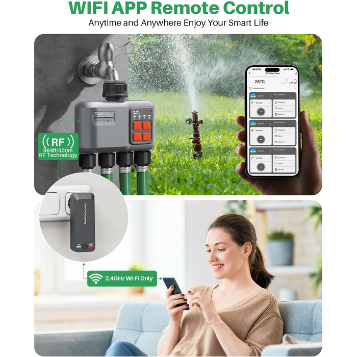 Таймер поливу Johgee WiFi з RF 300M для саду та газону (4 виходи), сумісний з Alexa та Smart Life