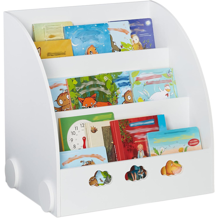 Дитяча книжкова полиця Relaxdays з малюнком хмар, 3 відділення, біла, 60x58x45 см, МДФ