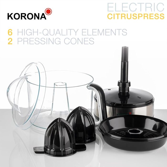 Цитрусовижималка електрична Korona 27020, 0.7 л, 40 Вт, нержавіюча сталь/чорна, 2 конуси, захисний ковпак, двосторонній оберт