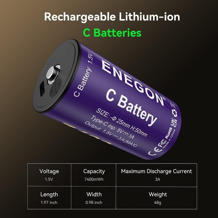 Акумулятори ENEGON C (LR14) 1.5V Li-Ion, 7400mWh, з портом USB-C для зарядки, рожеві, 4 шт. в комплекті
