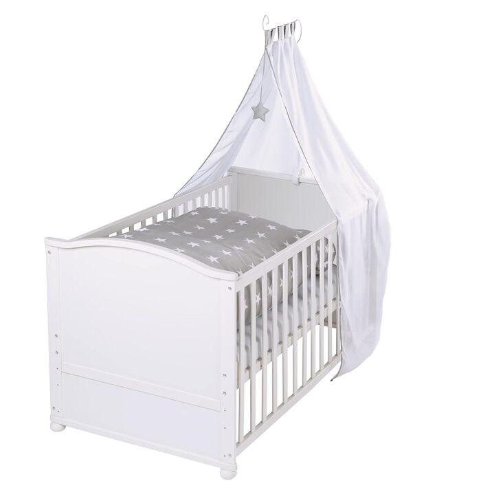 Дитяче ліжечко roba Little Stars 70x140 см, дерев'яне, біле, з текстильним комплектом у зірках, регульоване, трансформер