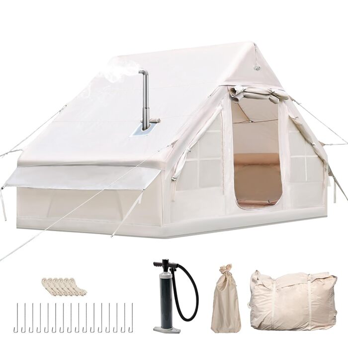Надувний кемпінговий намет Oxford 420D Glamping 2-4 особи з насосом, водонепроникний 3000мм, для 4 сезонів, з вікном-сіткою та димоходом 300x200x200 см