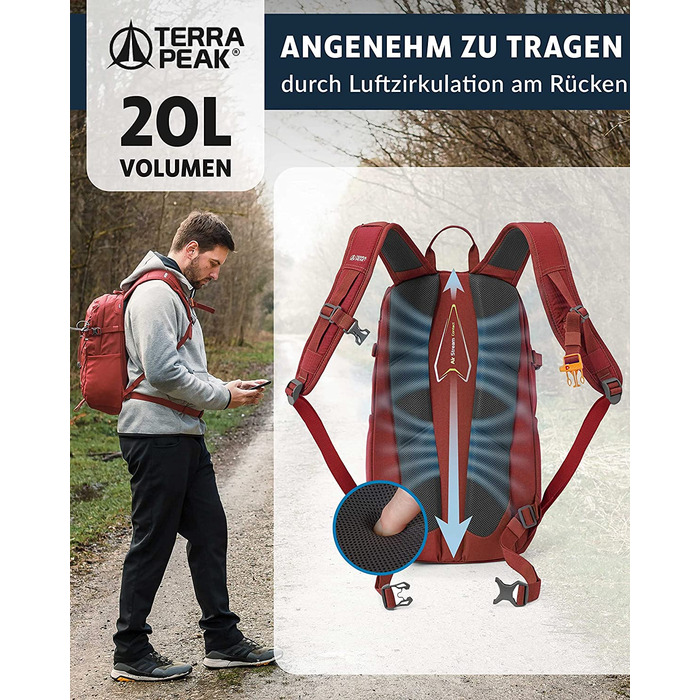 Рюкзак для туризму Terra Peak Flex 20 л, преміум, з вентиляцією спини, питною системою та дощовиком, темно-червоний, поліестер 3D Air Mesh, з поясним ременем