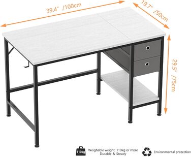 Письмовий стіл HOMIDEC 100x50x75 см, білий, дерев'яний, з 2 шухлядами для офісу, вітальні, дому