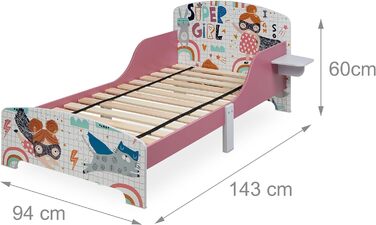 Дитяче ліжко Relaxdays 60x94x143 см, з бортиком і полицею, супергеройський дизайн, кольорове, з МДФ