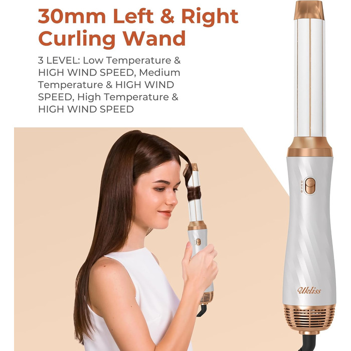 UKLISS Hairstyler 6 в 1: Професійний фен-щітка з насадками для укладки волосся 1000 Вт, повітряна щітка, мультистайлер, білий (золотий)