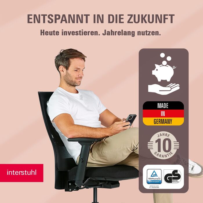 Ергономічне офісне крісло Interstuhl SMART Air, синхромеханізм, 4D-підлокітники, підтримка попереку, чорне, Made in Germany