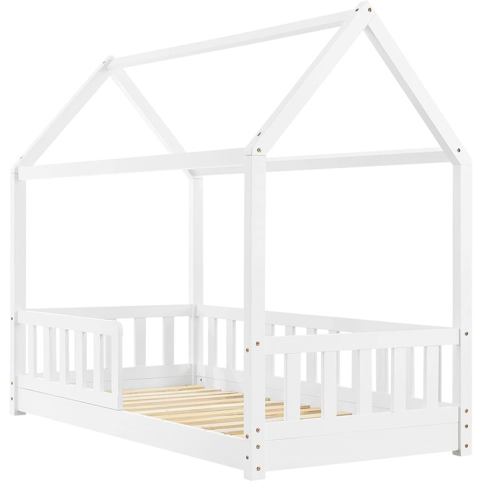 Дитяче ліжко Juskys Marli 80x160 см з бортиком, ламельною основою та дахом, будиночок з масиву дерева, біле