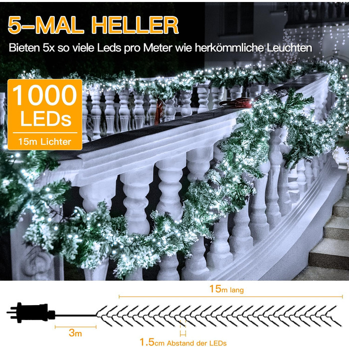 Світлодіодна гірлянда Ollny 15м, 1000 LED Cluster, водонепроникна IP44, 8 режимів та таймер, холодне біле світло для вулиці, ялинки та декору