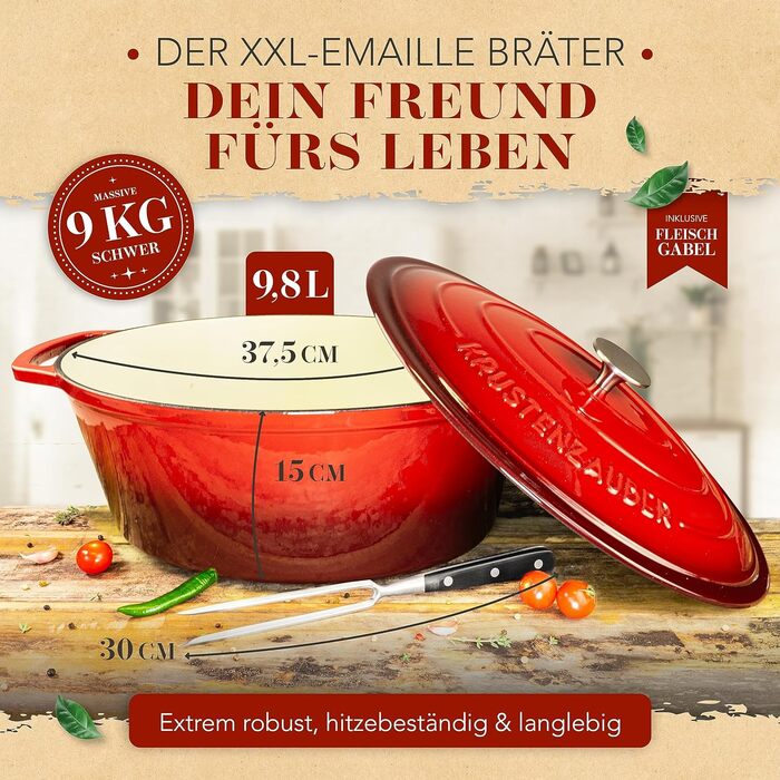 Каструля-гусятниця KRUSTENZAUBER 37,5 см з кришкою, чавунна, 10 л, для духовки та індукції, овальна, з м'ясною виделкою