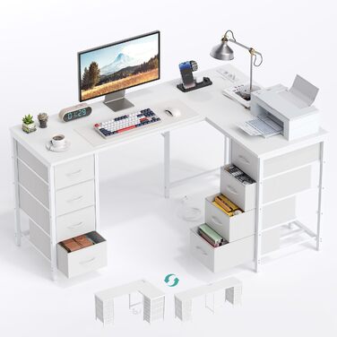 Кутовий стіл Youdenova 150x100 см з шухлядами, розеткою та USB-зарядом, білий. Стіл L-подібний з місцем для зберігання