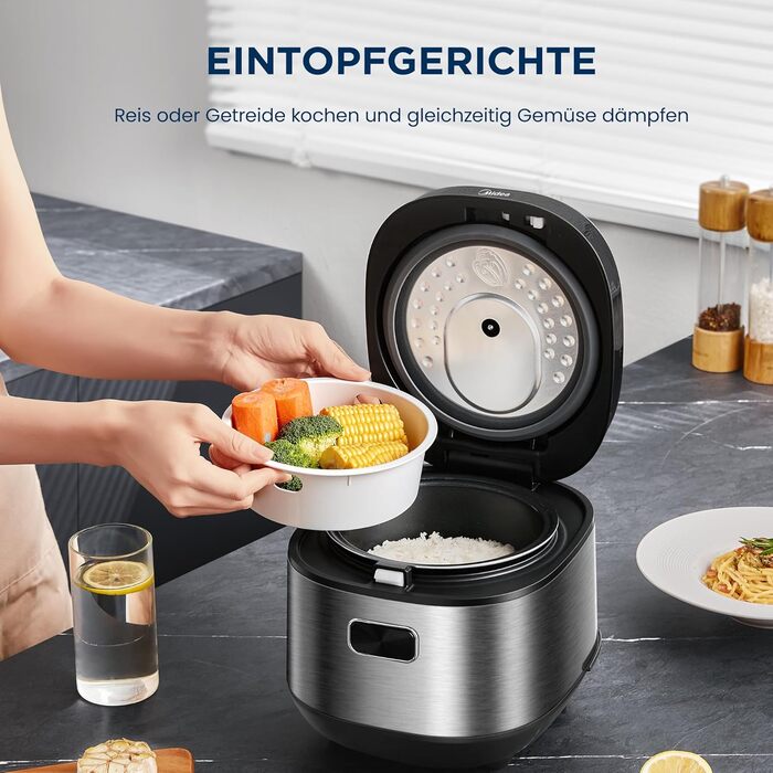 Мультиварка Midea Reiskocher 5 л: рис, суп, тушкування, повільне приготування, 11 програм, таймер, аксесуари, чорний/срібний