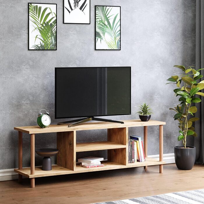 ТВ тумба en.casa Ærøskøbing 43x120x29 см, 2 полиці, біла, під дерево, меблі для телевізора, низька тумба