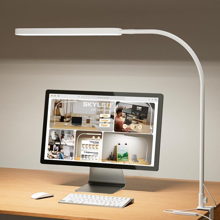 Настільна LED-лампа SKYLEO 85 см з гнучкою ніжкою, 5 режимів світла, 11 рівнів яскравості, таймер, пам’ять, 1300 Лм, 12W, чорна, з прищіпкою, для офісу та дому