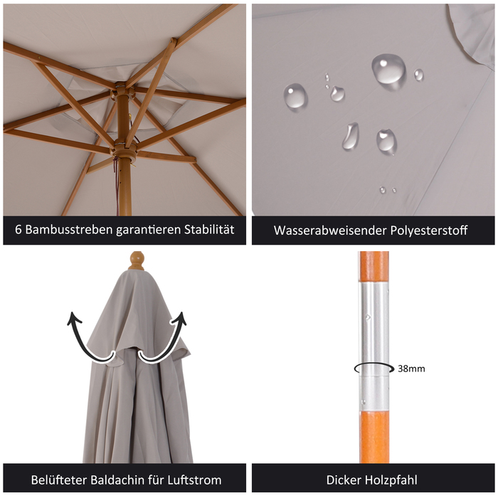 Outsunny Parasol, садова парасолька, 3 яруси, захист від сонця, бамбук 180/㎡ поліестер, сірий, Ø2.5 x 2.3 м