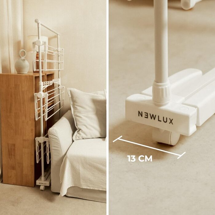Розсувна сушарка для білизни NEWLUX Fold Care V60 XXL на колесах, 5 подвійних рівнів, довжина мотузки 18–21 м, з тримачем для вішалок та відсіком для довгих речей (Білий)