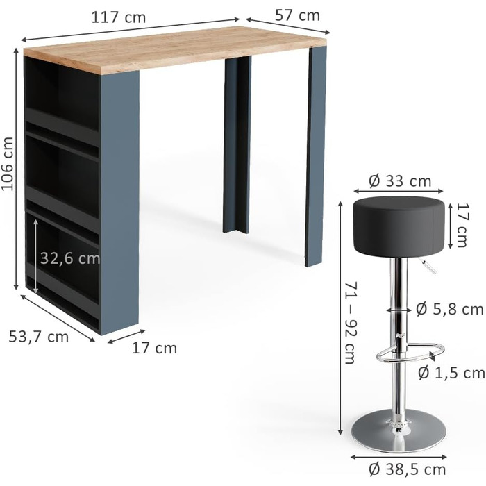 Набір барний стіл і табурети Vicco Bartisch-Set, 117 x 57 см, дуб