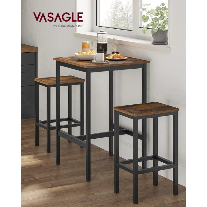 Високий барний стіл VASAGLE, квадратний, 60x60x92 см, сталевий каркас, індустріальний стиль, для кухні та вітальні, рустикальний коричневий і чорний