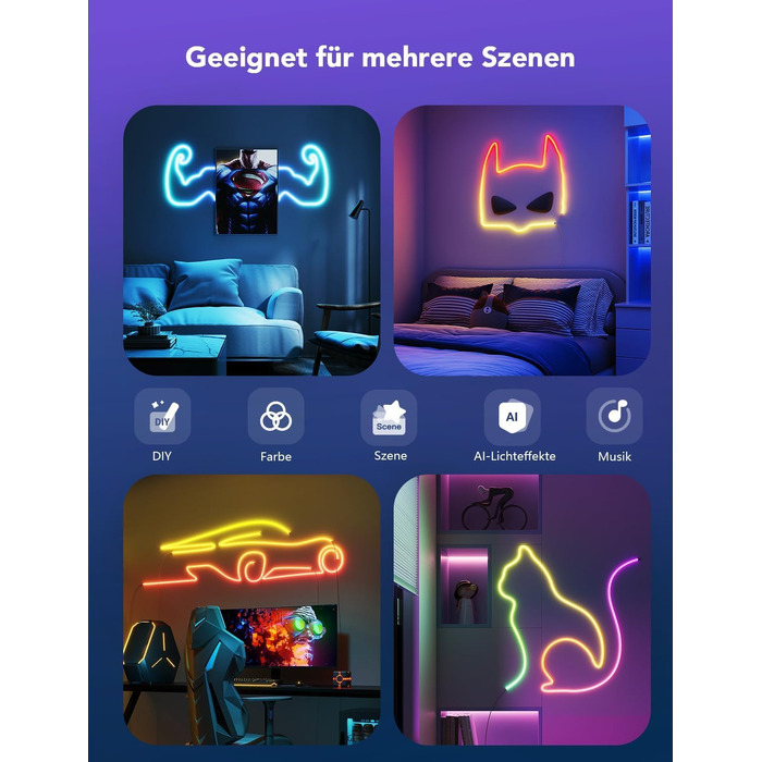 Гнучка неонова LED-стрічка Govee Neon Rope Light 2 RGBIC, 5м, біла, для DIY дизайну та інтер'єру