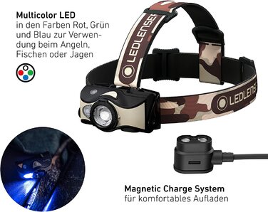 Налобний ліхтар Ledlenser MH8 600 Лм, акумуляторний, LED, чорний, для полювання та риболовлі, до 60 годин, червоне/зелене/синє світло, фокусування, 2xAA, транспортувальний замок