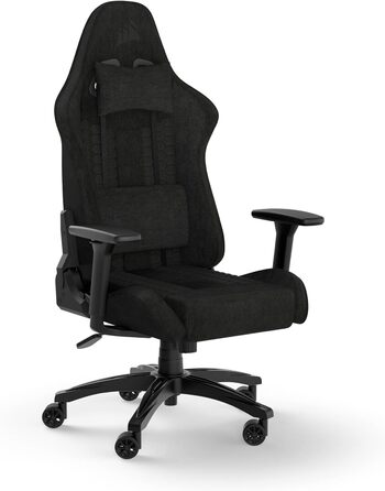 Ігрове крісло Corsair TC100 Relaxed, текстильне, чорне, ергономічне, з подушкою для попереку та знімною подушкою для шиї з memory-піни, регульовані підлокітники, стиль автоспорту
