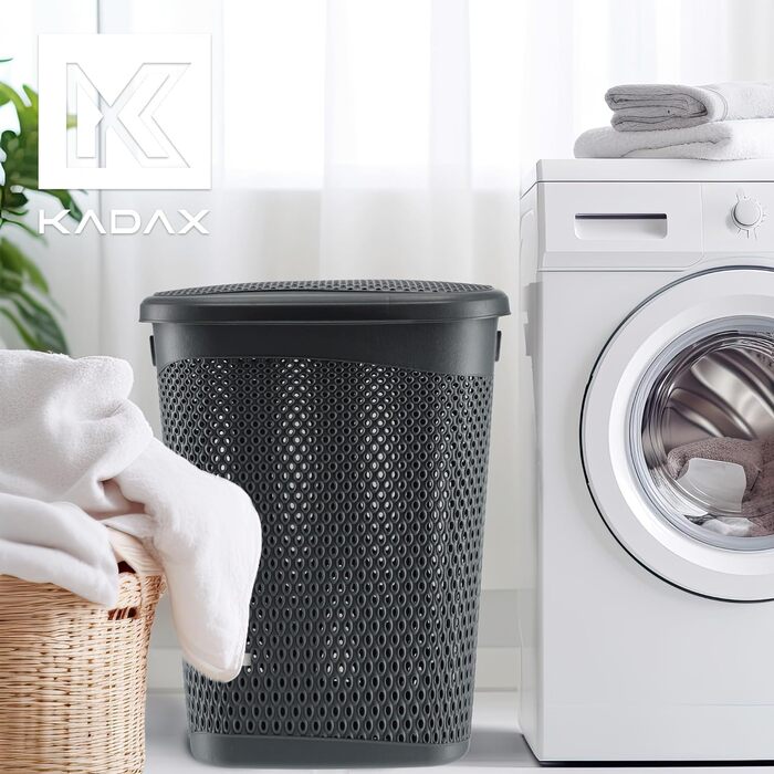 KADAX Пластиковий кошик для білизни з кришкою, легкий провітрюваний контейнер для зберігання білизни, сіра корзина з пластику