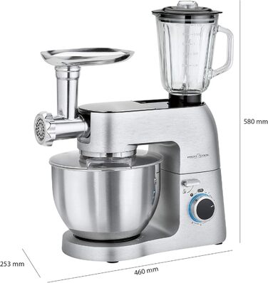 Планетарний міксер ProfiCook PC-KM 1189 3в1, м’ясорубка, міксер, алюмінієвий корпус, 1500 Вт, 8 швидкостей, 6,7 л, сріблястий