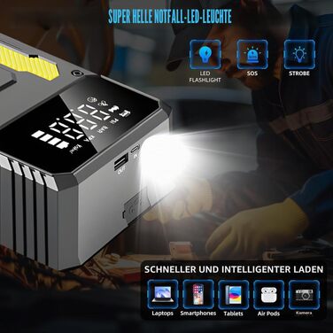 Пусковий інвертор (бустер) для авто з компресором 6000А, портативний Jump Starter Powerbank з LED-ліхтарем та дисплеєм, жовтий