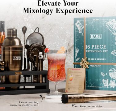 Набір для коктейлів BARE BARREL Mixology Barkeeper-Set, 16 предметів, з коблер-шейкером 24oz, аксесуарами для бару та картками рецептів, латунь/чорний